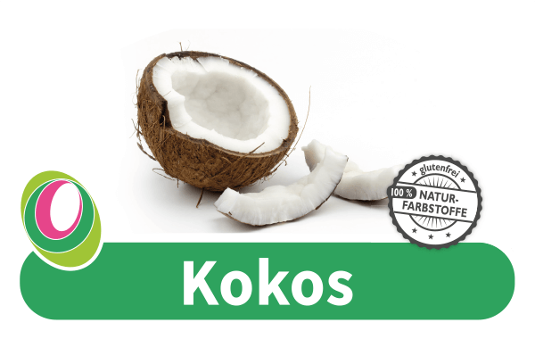 Kokos Abbildung einer offenen Kokosnuss mit entsprechender Beschriftung.